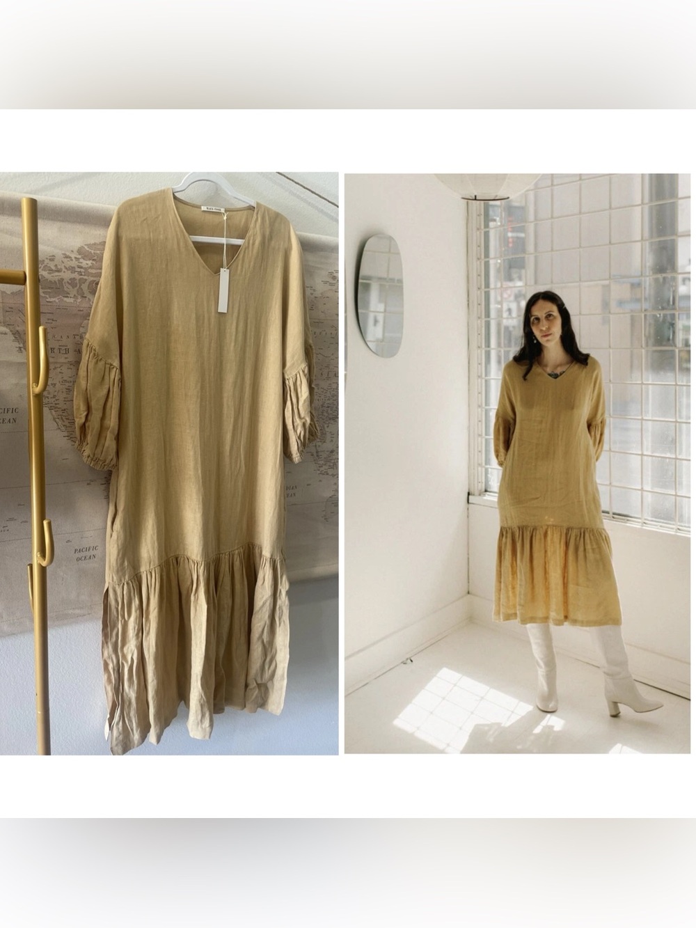 Black Crane Puff Dress Linen Drop Waist Ruffled Hem Pale Yellow NWT Med